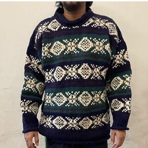 Rey Wear Men's Crewneck Knit 100% Wool Sweater in Navy & Forest Green